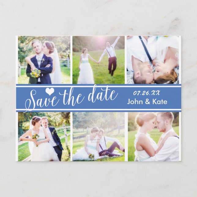 GUARDAR LA FECHA Tarjeta postal de boda azul 6 FOT (Anverso)