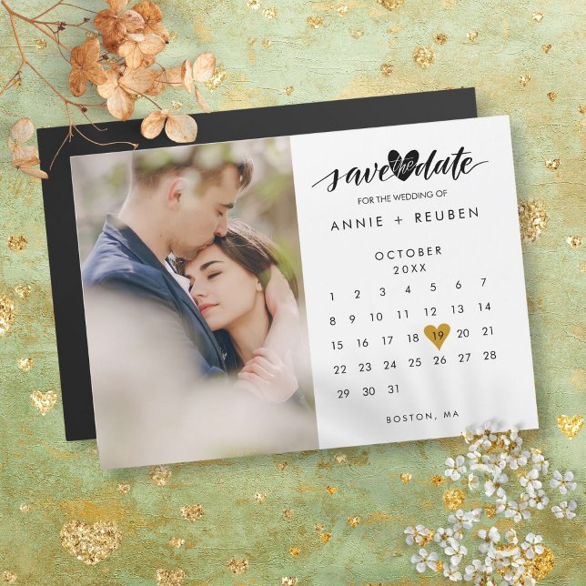 Guardar la foto magnética del calendario del coraz (Save the Date Gold Heart Calendar Photo Magnetic)