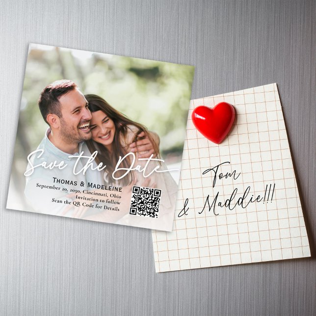 Guardar la foto magnética del guión de caligrafía  (Wedding save the date photo magnetic card. with a simple QR code. )
