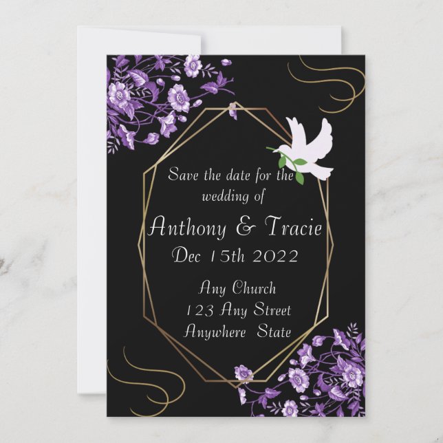 Guardar La Invitación De Boda De Fecha Negro Y Púr (Anverso)