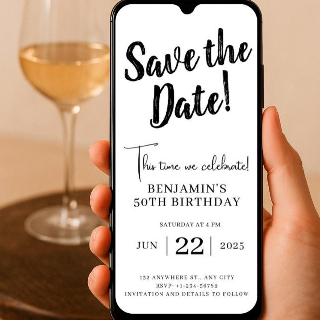 Guardar La Invitación De Teléfono De Fecha 50 Cump ( Save The Date 50 Birthday, Electronic Save The Date, Birthday Invitation, Unique Editable Bday)