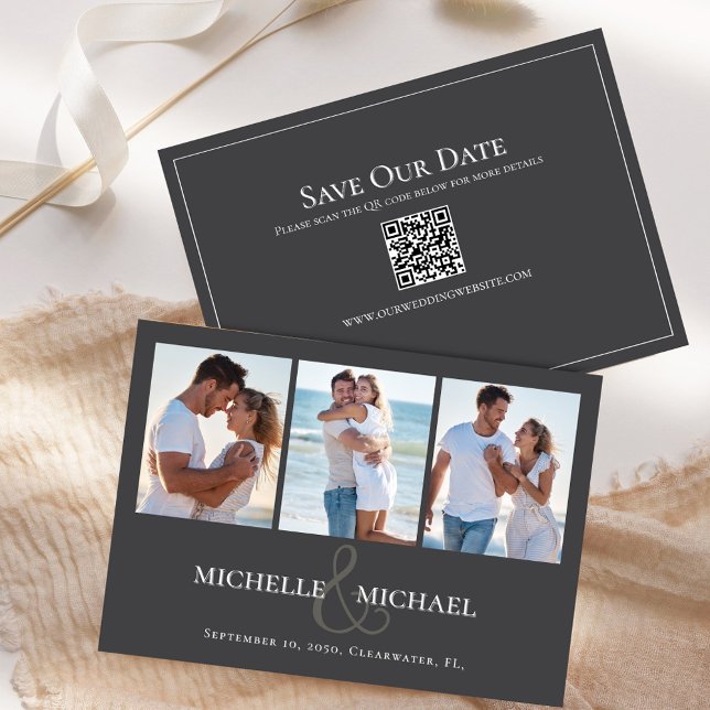 Guardar la plantilla de Collage de fotos de Boda d (Classic grey multi photo template save the date card)