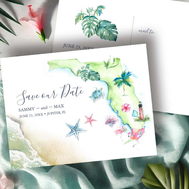 Guardar la postal de la fecha de la boda de destin (save the date postcards features Florida map destination wedding art by Victoria Grigaliunas)