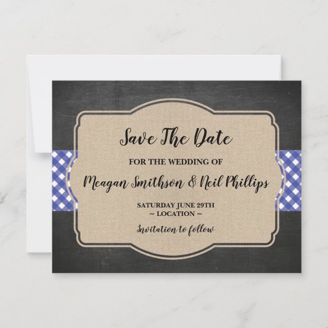 Guardar la tarjeta Boda de fecha Blue Gingham Burl (Anverso)