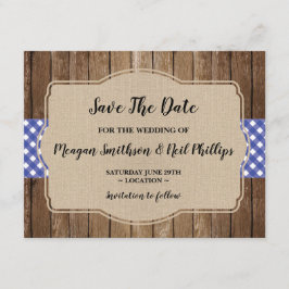 Guardar la tarjeta Boda de fecha Blue Gingham Burl