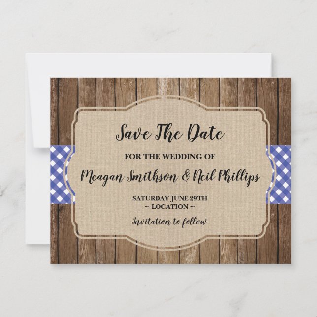 Guardar la tarjeta Boda de fecha Blue Gingham Burl (Anverso)
