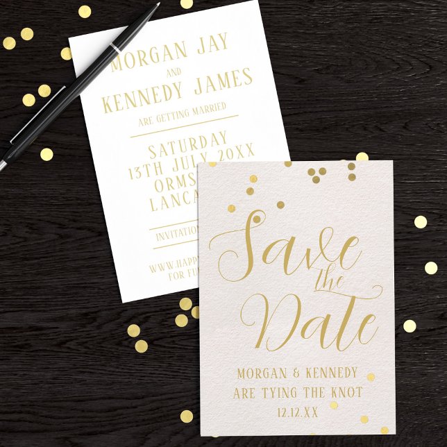 Guardar la tarjeta de fecha novia Rubor Pink Gold  (Add your details to this pretty blush pink and gold confetti Save the Date.)
