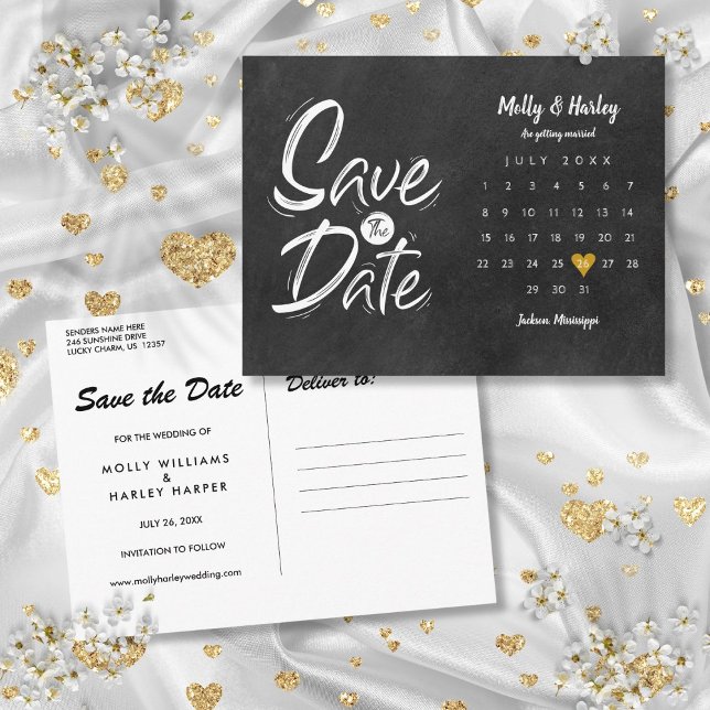 Guardar la tarjeta de puntuación Gold Heart del Ca (Save the Date Calendar Gold Heart Chalkboard Postcard)