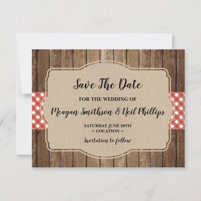 Guardar la tarjeta del Boda de fecha Red Gingham B (Anverso)