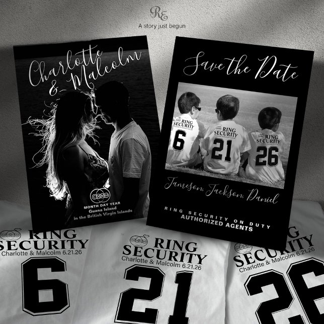 Guardar la tarjeta fotográfica de fecha con seguri (Shown with Ring Security shirts featuring numbers that match the wedding date, sold separately.)