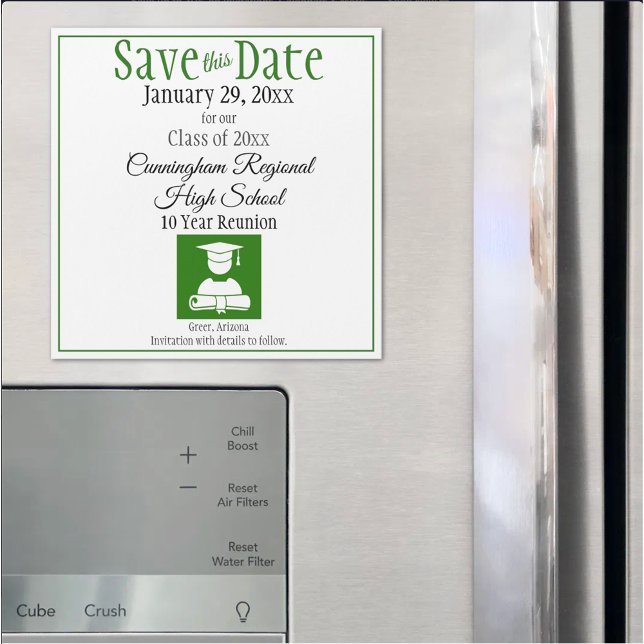 Guardar la tarjeta magnética de reunión de la escu (custom class reunion save the date magnet)