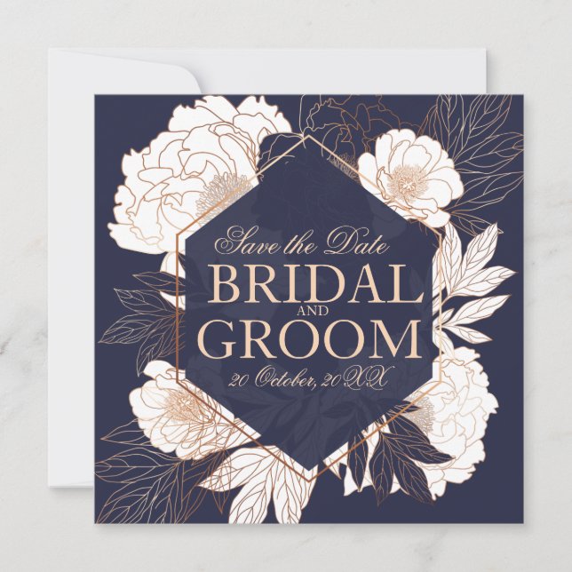 Guarde la tarjeta de fecha azul dorado peony (Anverso)