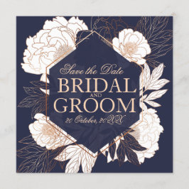 Guarde la tarjeta de fecha azul dorado peony