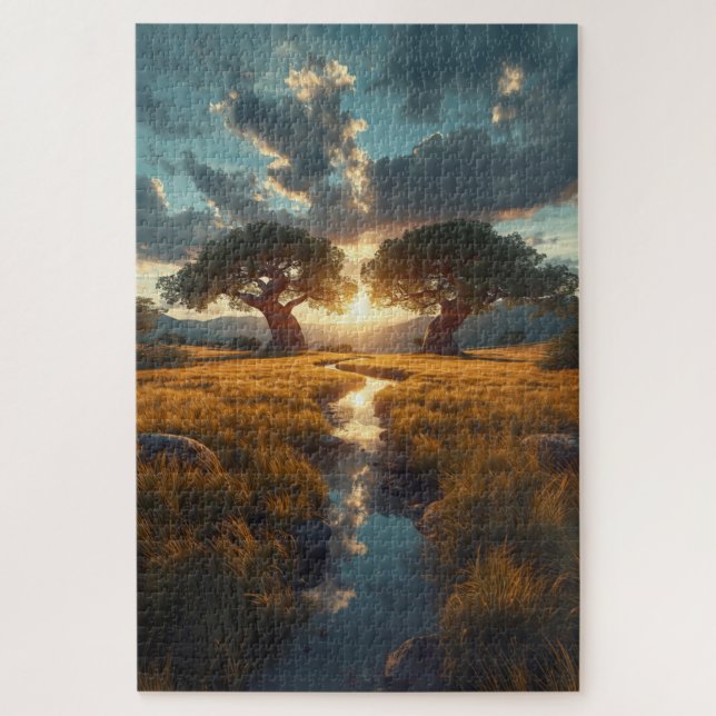 Guardianes Gemelos – Rompecabezas Atardecer en Pra (Vertical)