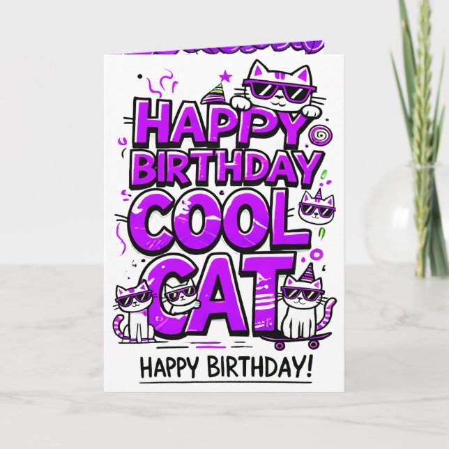 Guay Cat con tarjeta de cumpleaños Purple Shades (Anverso)