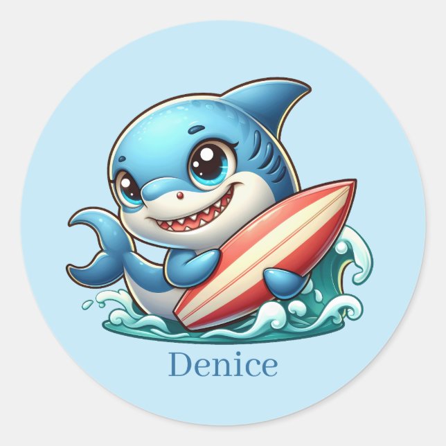 Guay surfing shark add name Pegatina de Ronda clás (Anverso)