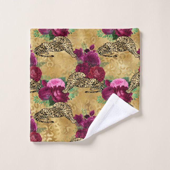 Guepardo Leopardo Rosa Roja Floral Patrón de Flore (Toallita)