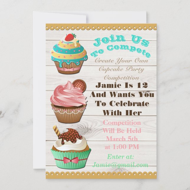 Guerras De Cupcake Invitación De Madera Blanca De  (Anverso)