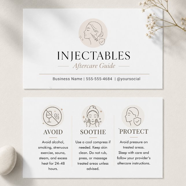 Guía de cuidados posteriores de inyectables minima (Premium med spa client aftercare card)