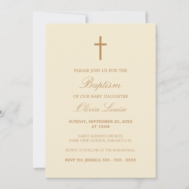 Guión beige Elegante Cream Baptism Invitación (Anverso)