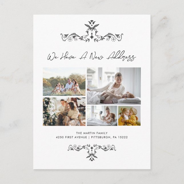 Guión casual 5 fotos Ornate Moving Invitación (Anverso)