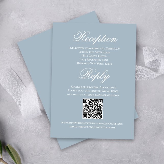 Guión de Boda Azul Polvoriento RSVP Recepción (Elegant dusty blue reception and RSVP card.)