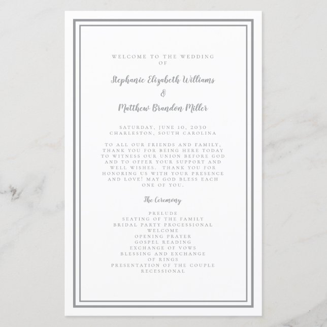 Guión de Boda Gris y Blanco Programa de Ceremonia  (Anverso)