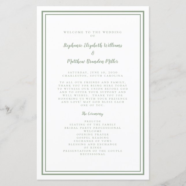 Guión de Boda Programa de Ceremonia Moderno Verde  (Anverso)