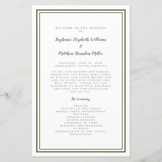 Guión de Boda Programa de Ceremonia Moderno Verde  (Anverso)