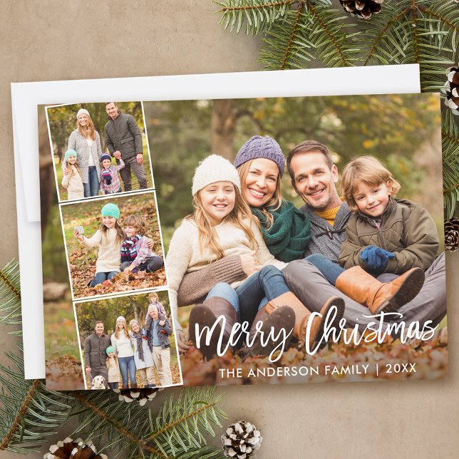 Guión de broche Feliz Navidad Familia 4 Foto (Customize to add text or more photos to back of card.)