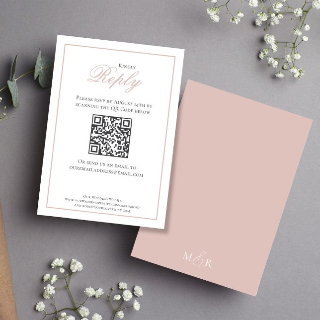 Guión de caligrafía rosa de Rubor RSVP Elegante (Blush pink wedding rsvp card with stylish calligraphy script.)
