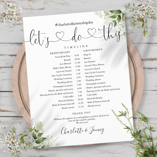 Guion de cronograma de boda con hojas de vegetació (Greenery Leaves Script Wedding Schedule Timeline)