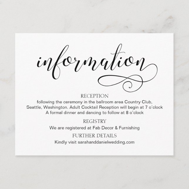 Guión de la tarjeta de información del Boda de tip (Anverso)