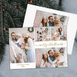 Guión de Moda de presupuesto 5 tarjetas de Navidad<br><div class="desc">Presupuestado, Minimalista, elegante caligrafía Gold Script 5 Collage de fotos "Feliz Navidad" Tarjeta delgada en blanco dorado. Esta festividad, simple, caprichosa plantilla de cinco (5) fotos de tarjetas de vacaciones (en la foto delantera y trasera 1 foto) presenta un collage de fotos de la cuadrícula de la bonito y dice...</div>