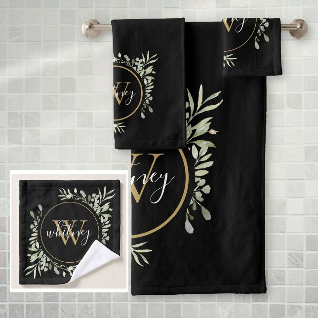 Guión de Moda del monograma dorado Foliage Greener (Greenery Foliage Gold Monogram Chic Script Black Bath Towel Set)