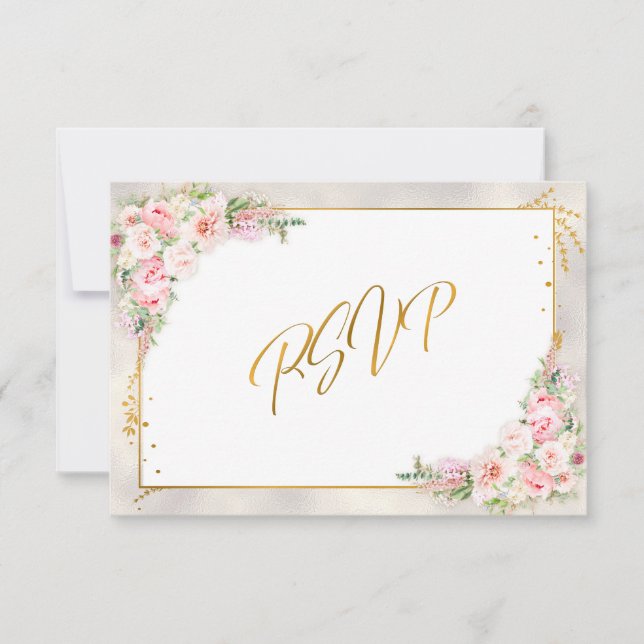 Guión de oro floral rosado Peony y RSVP de marco (Anverso)