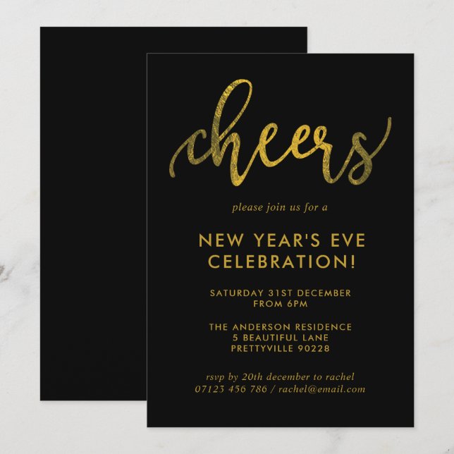 Guión de oro vitorea invitación a fiesta de Año Nu (Anverso / Reverso)