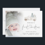 Guión de superposición de foto bebé primer camión<br><div class="desc">Guión moderno para la superposición de fotos Bebé Primer Camión Navidad. Simplemente reemplace la foto de ejemplo con la suya. La primera Navidad está en un estilo moderno y manuscrito y personaliza fácilmente el resto del texto. Un suave ilustracion de color pastel de color acuático de camión con árbol y...</div>