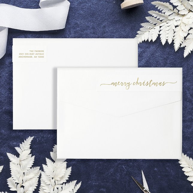 Guión dorado moderno | Dirección navideña (Stylish and elegant wrap-around return address labels for Christmas)