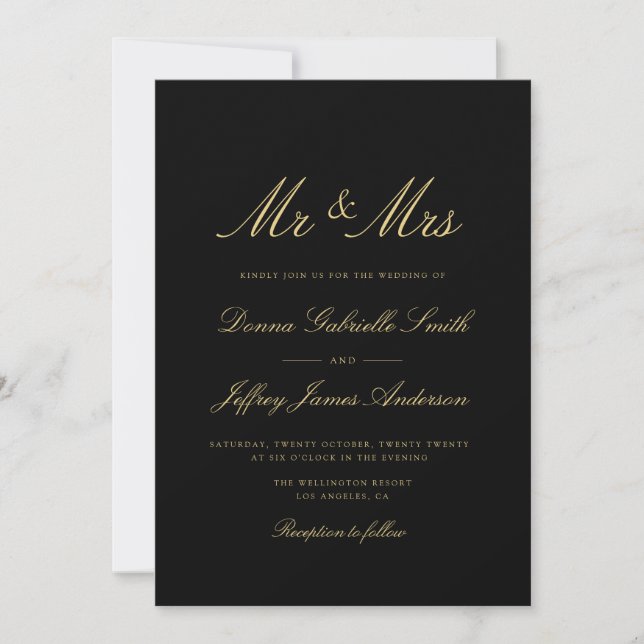 guión dorado negro MR & MRS invitación a la boda (Anverso)