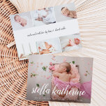 Guión dulce | Anuncio de nacimiento del Collage de<br><div class="desc">Los elegantes anuncios de nacimiento muestran tu foto favorita del recién nacido en sangre completa, con el nombre del bebé en escritura de caligrafía blanca. Personaliza con las estadísticas de nacimiento de los bebés debajo. Añade seis fotos adicionales a la parte posterior en un diseño de collage, con los nombres...</div>