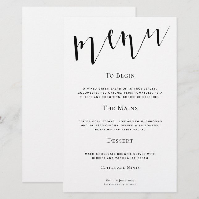 Guión elegante de presupuesto Cualquier menú Boda  (Anverso / Reverso)