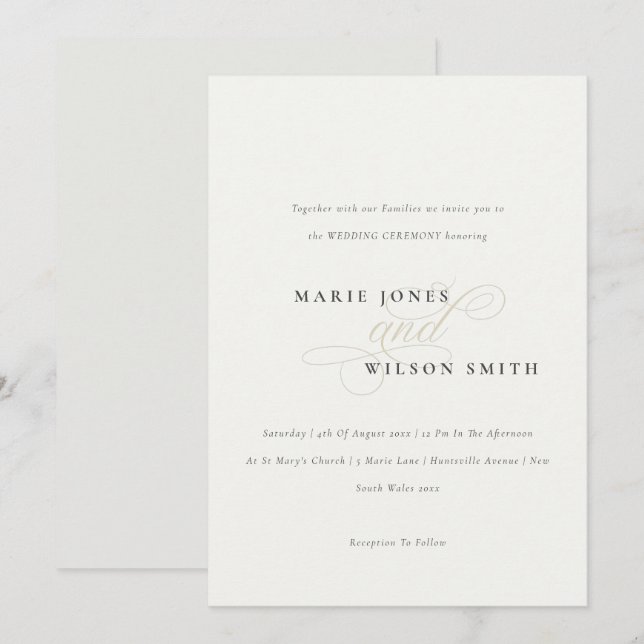 Guión elegante simple Invitación a la boda blanca  (Anverso / Reverso)