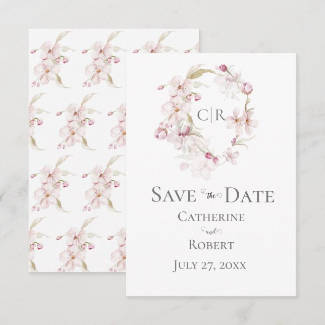 Guión floral Boda Pastel rosa Guardar la fecha (Anverso / Reverso)
