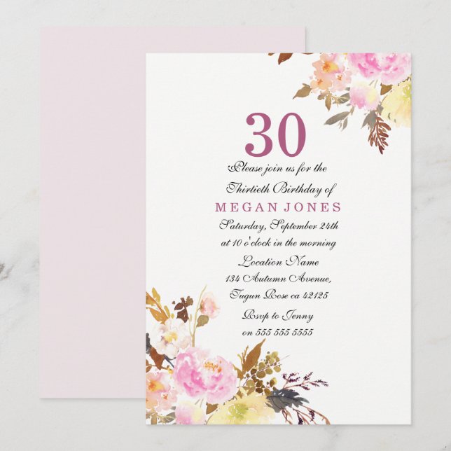 Guión floral rosa dulce Invitación a cumplir 30 añ (Anverso / Reverso)