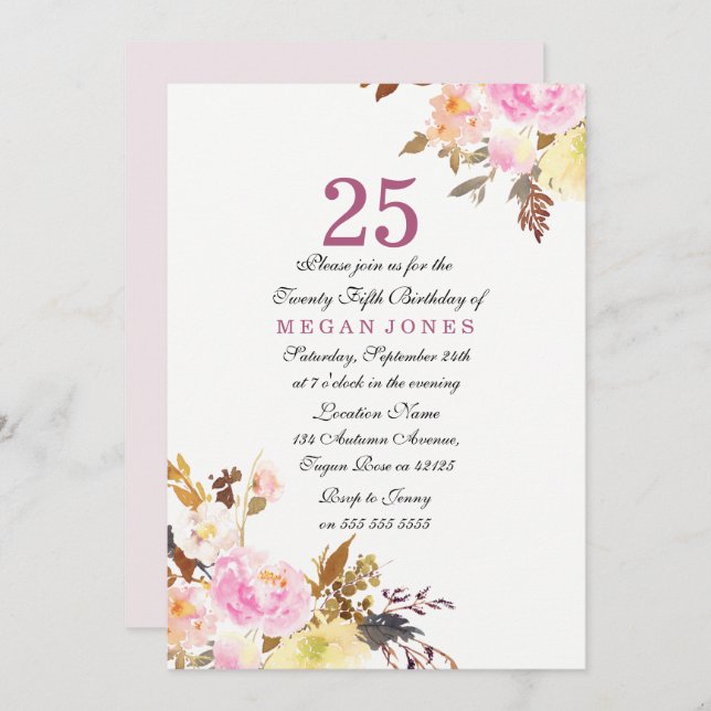 Guión floral rosa dulce Invitación a los 25 años (Anverso / Reverso)