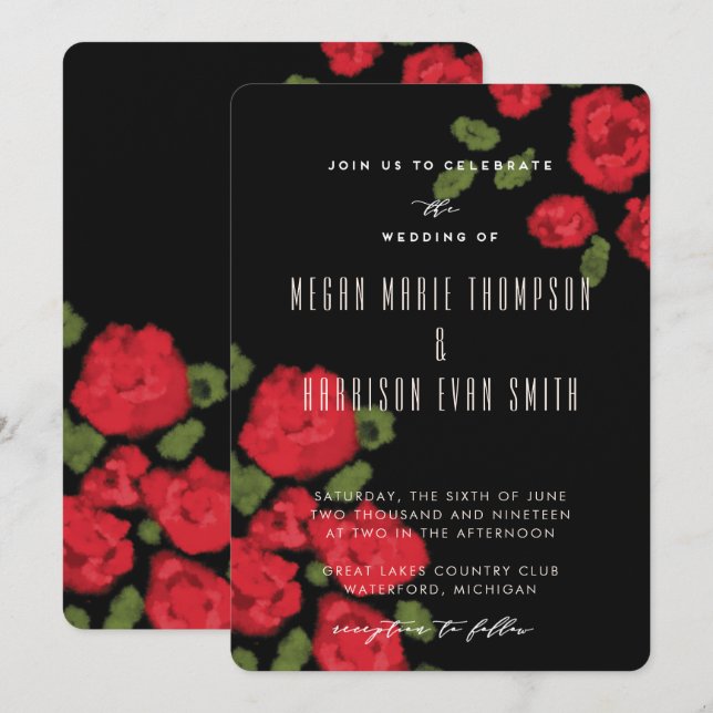 Guión Glam Red Roses Invitación a la boda (Anverso / Reverso)