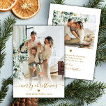 Guión mínimo de oro moderno 2 foto Feliz Navidad<br><div class="desc">Minimalista Elegante Gold Script 2 Fotos Tarjeta navideña navideña de escritura. Esta plantilla festiva, moderna y simple, con dos (2) fotos de tarjetas de felicitación navideña que presentan el texto "Feliz Navidad" en una caprichosa letra a mano con brillantes letras de tipo de letra de giro giratorio suave caligrafía guión...</div>