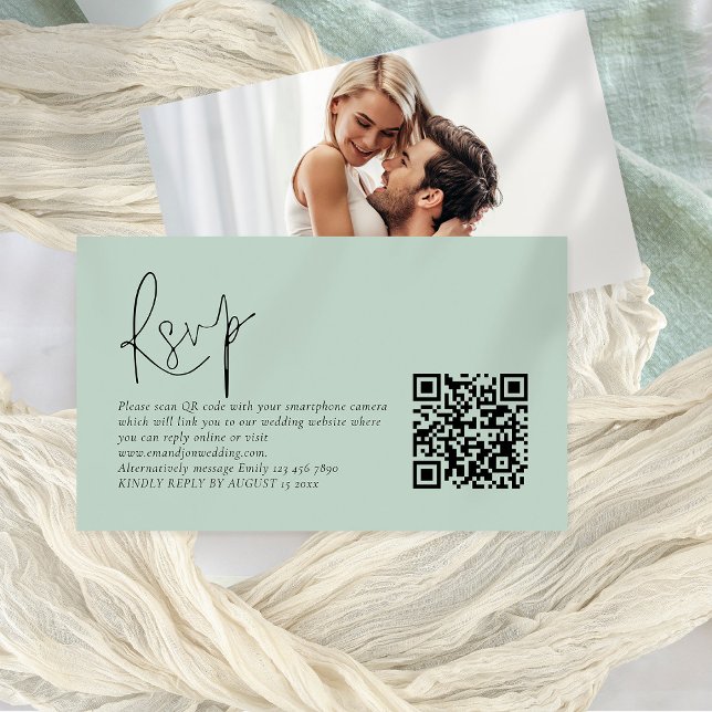 Guión moderno Código QR Foto Tarjeta RSVP Boda de  (Front and back view)