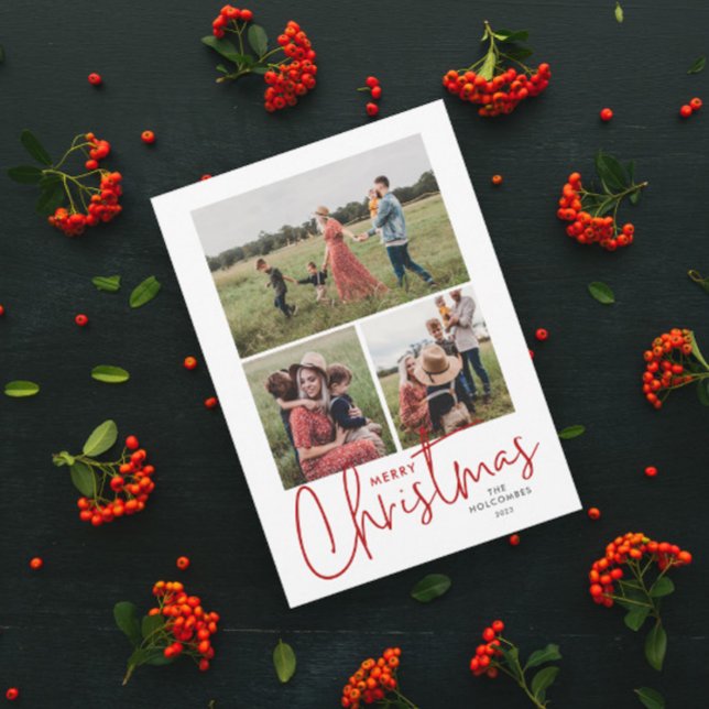 Guión moderno Feliz Navidad Simple 3 Foto (Simple script 3 photo collage merry christmas holiday card with handwritten typography.)